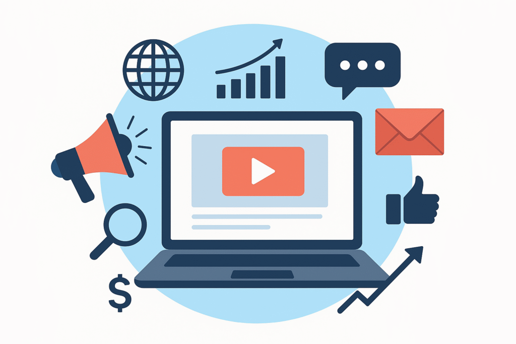 "Digital marketing concept illustration showing a laptop with a play button on the screen, surrounded by icons representing social media, email, analytics, search, advertising, and growth