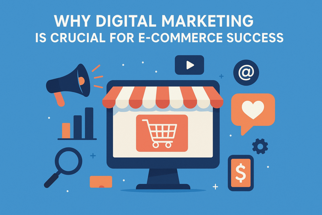 Infographic showing the importance of digital marketing for e-commerce success, featuring a computer screen with a shopping cart icon, surrounded by icons like a megaphone, bar chart, magnifying glass, heart, email, video, and dollar sign.
