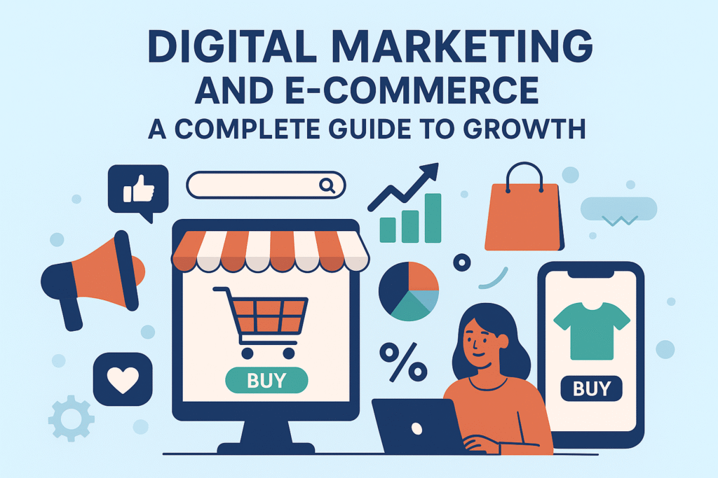 Illustration showing digital marketing and e-commerce growth, featuring a computer with a shopping cart icon, smartphone with a product display, shopping bag, analytics charts, megaphone, and a woman working on a laptop.