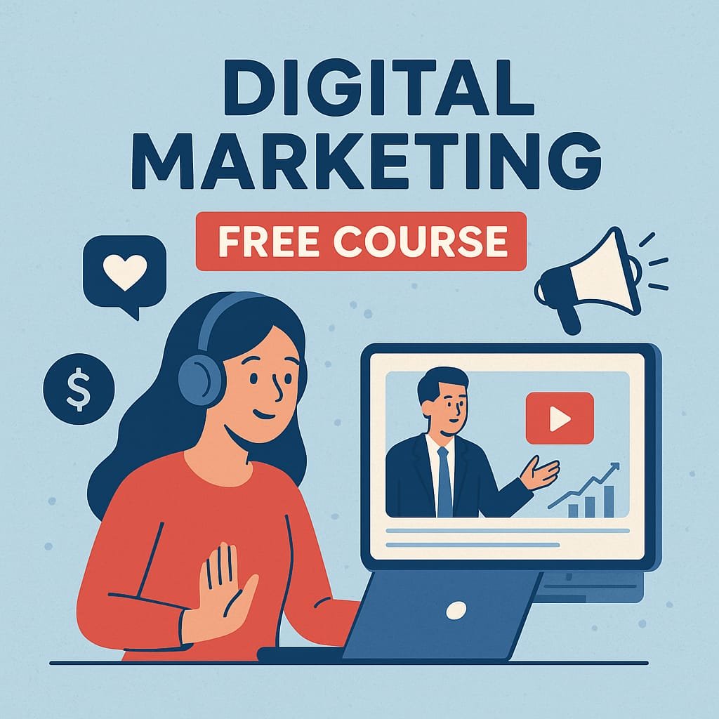 Laptop showing a free digital marketing course with icons for SEO, social media, email marketing, and analytics, set in a bright and engaging workspace.