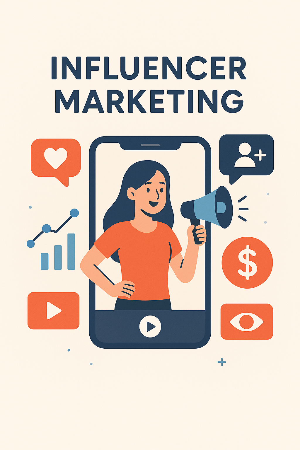 Flat design illustration of influencer marketing showing a female influencer holding a megaphone inside a smartphone frame, surrounded by icons of likes, followers, views, video, money, and analytics. What is Influencer Marketing Benefits for Business