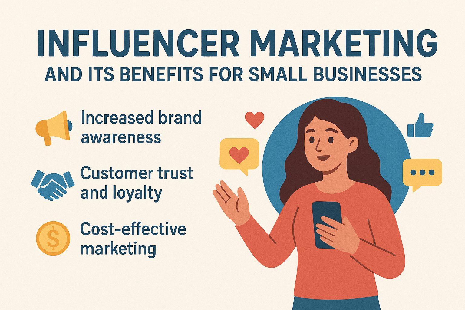 A flat-style infographic showing a female influencer holding a smartphone with social media icons around her. Text highlights benefits of influencer marketing for small businesses: increased brand awareness, customer trust and loyalty, and cost-effective marketing. What is Influencer Marketing Benefits for Business