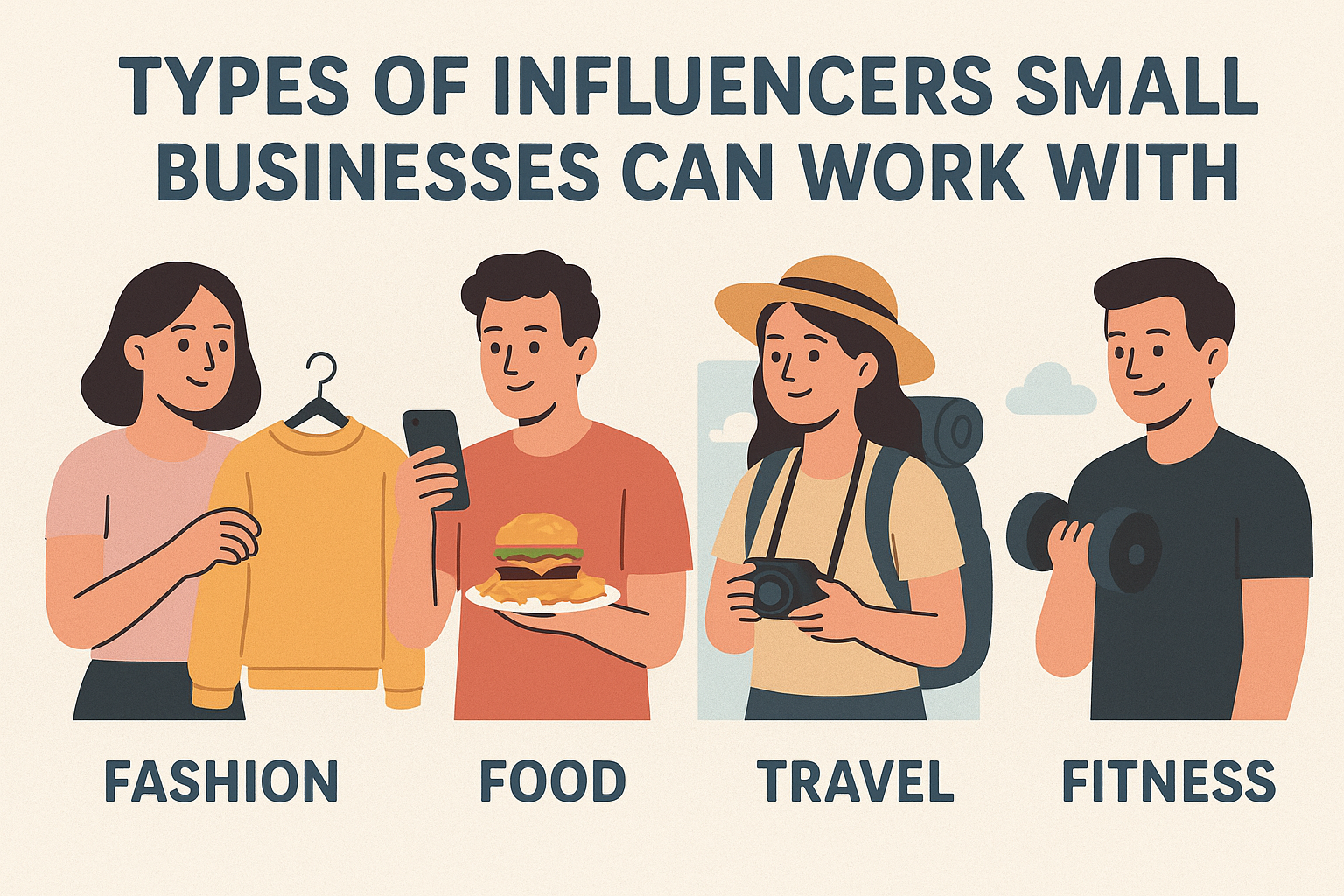 Illustration showing different types of influencers small businesses can collaborate with, including fashion, food, travel, and fitness influencers. What is Influencer Marketing Benefits for Business