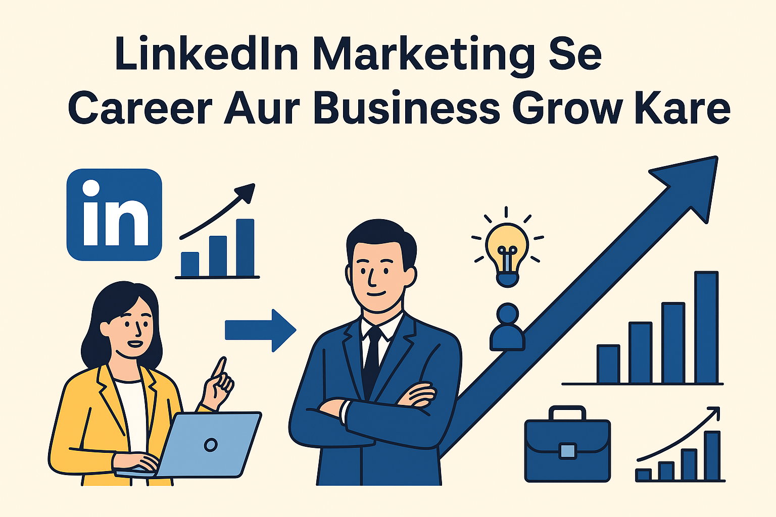 Flat-style infographic on “LinkedIn Marketing Se Career Aur Business Grow Kare” showing LinkedIn logo, professionals with laptop and suit, growth charts, lightbulb idea icon, and upward arrow symbolizing career and business growth LinkedIn Marketing Se Career Aur Business Grow.