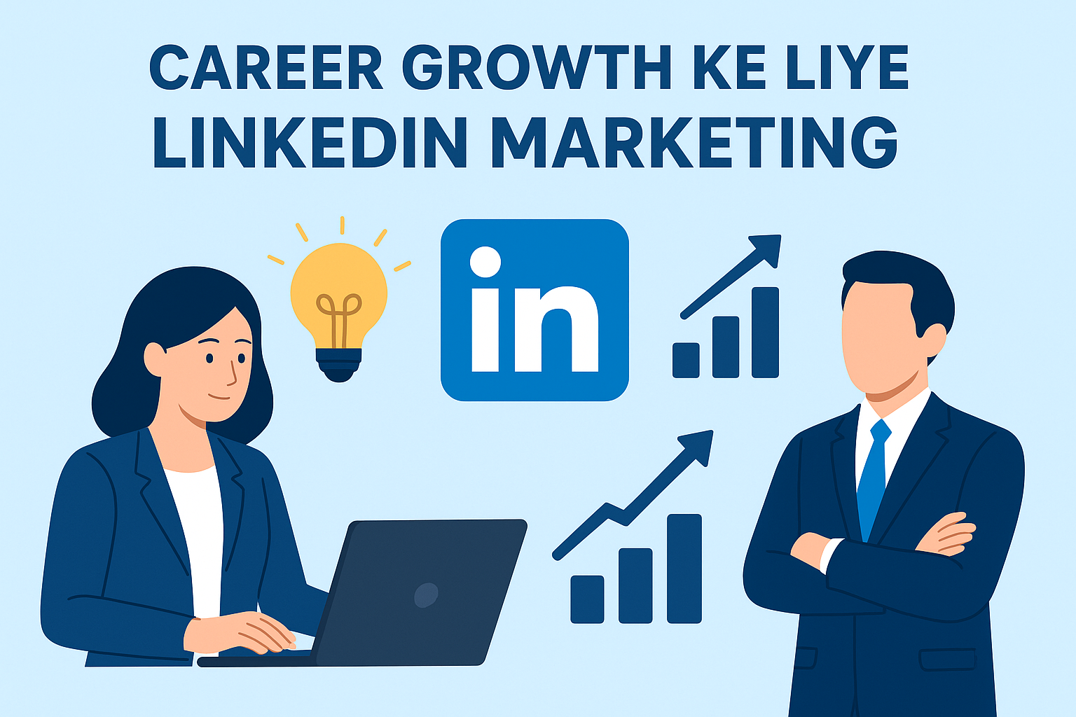Infographic titled “Career Growth Ke Liye LinkedIn Marketing” featuring LinkedIn logo, a professional woman working on a laptop, a man in a suit with folded arms, lightbulb symbol for ideas, and upward trending bar charts symbolizing career success. LinkedIn Marketing Se Career Aur Business Grow