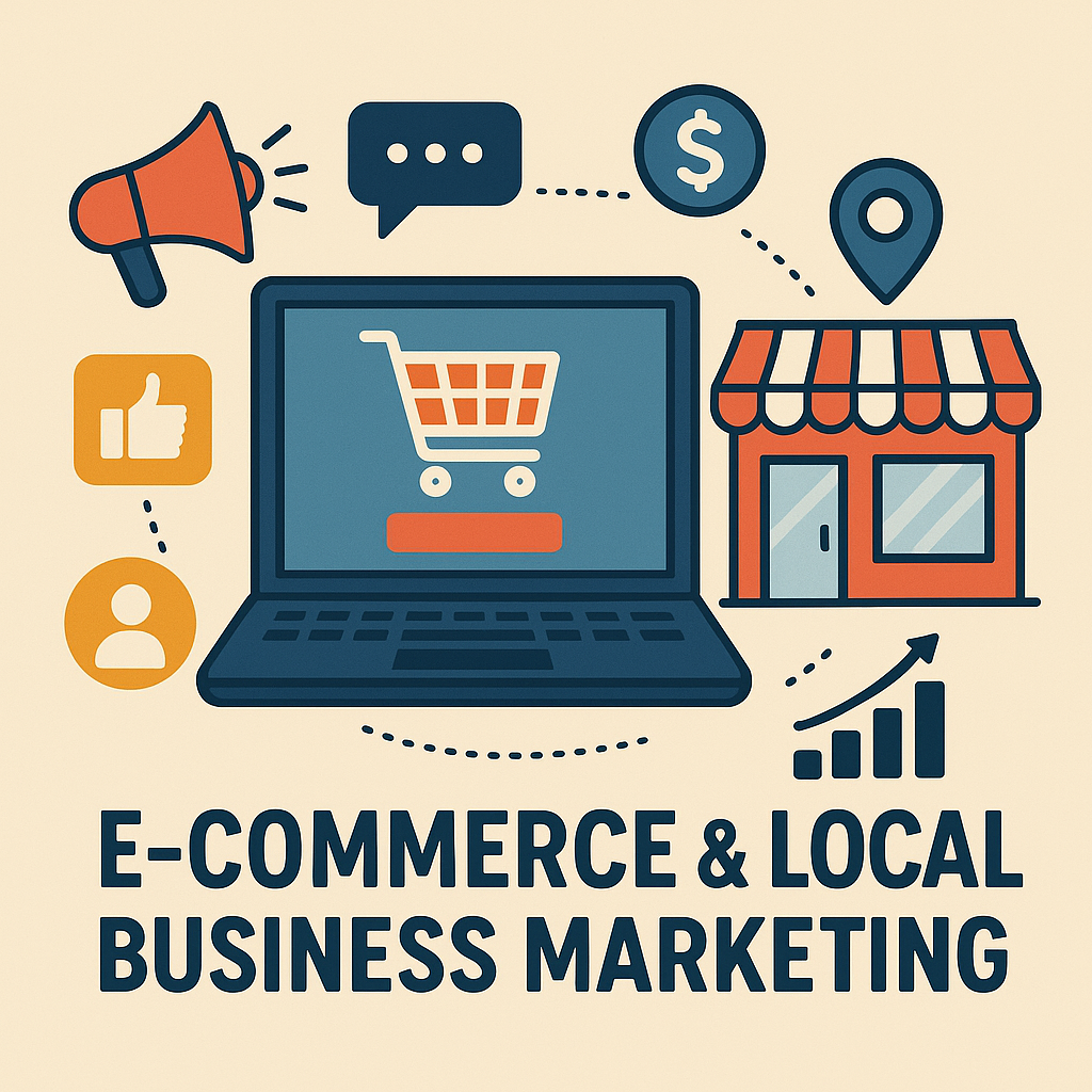 Illustration showing a laptop with a shopping cart on its screen, surrounded by icons representing marketing elements like a megaphone, chat bubble, dollar sign, location pin, like button, user icon, a storefront, and a growth chart, representing e-commerce and local business marketing Twitter (X) Marketing Strategies in 2025.