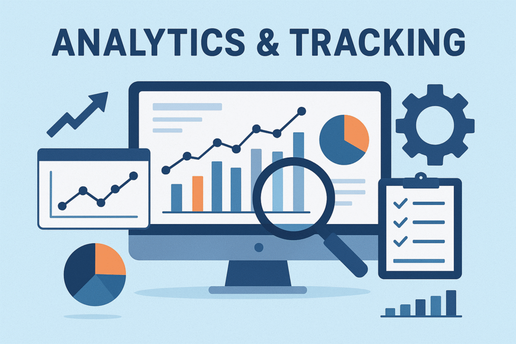 Illustration of a computer screen and tablet displaying charts and graphs, including bar graphs, line graphs, and pie charts, surrounded by a magnifying glass, gear icon, and checklist, representing analytics and tracking Twitter (X) Marketing Strategies in 2025.