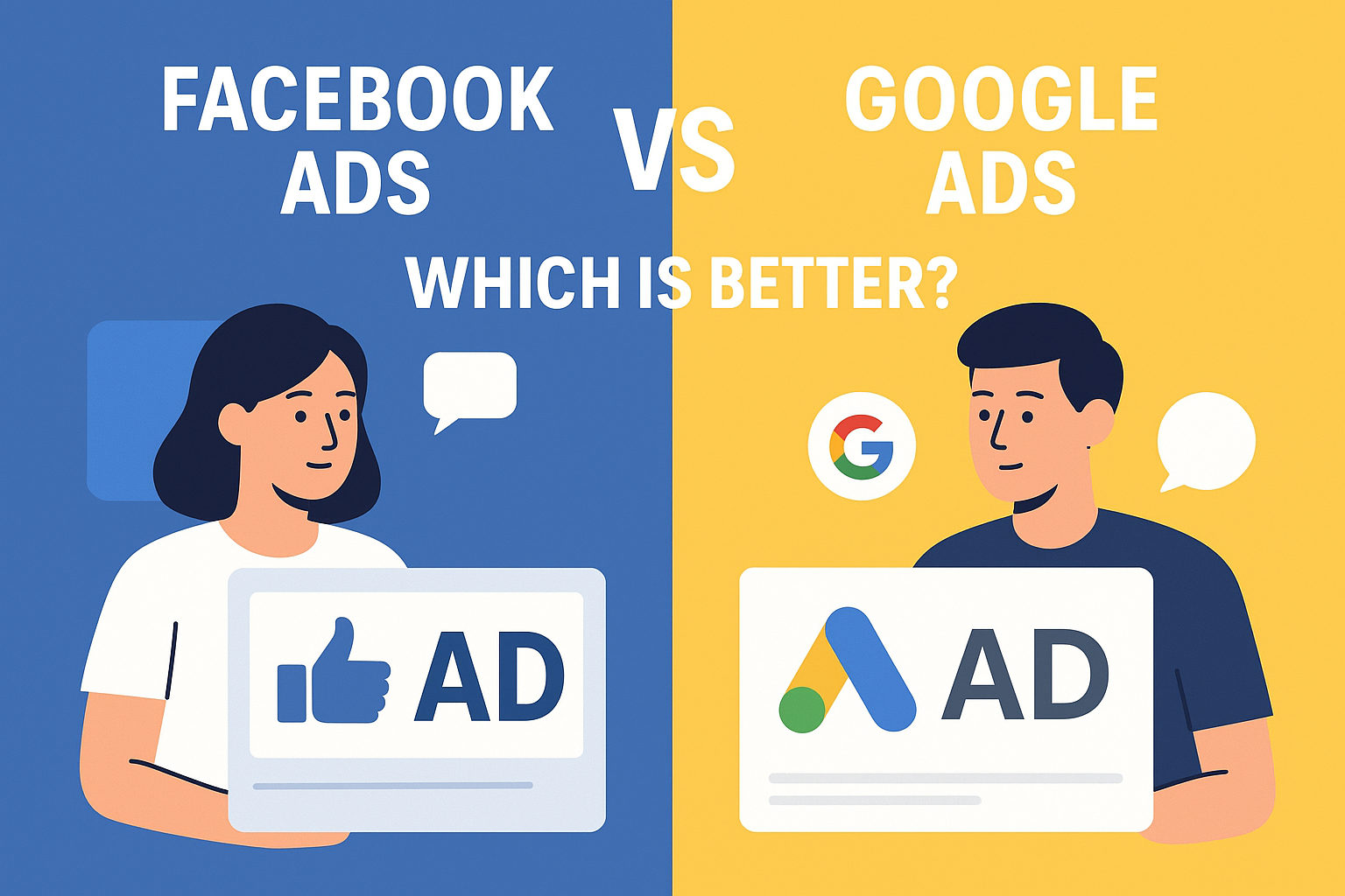 A split-screen digital illustration comparing Facebook Ads and Google Ads, with a woman holding a Facebook ad card on the left (blue background) and a man holding a Google ad card on the right (yellow background), with the text "Which is Better?" in the center. Facebook Ads vs Google Ads: Which is Better.