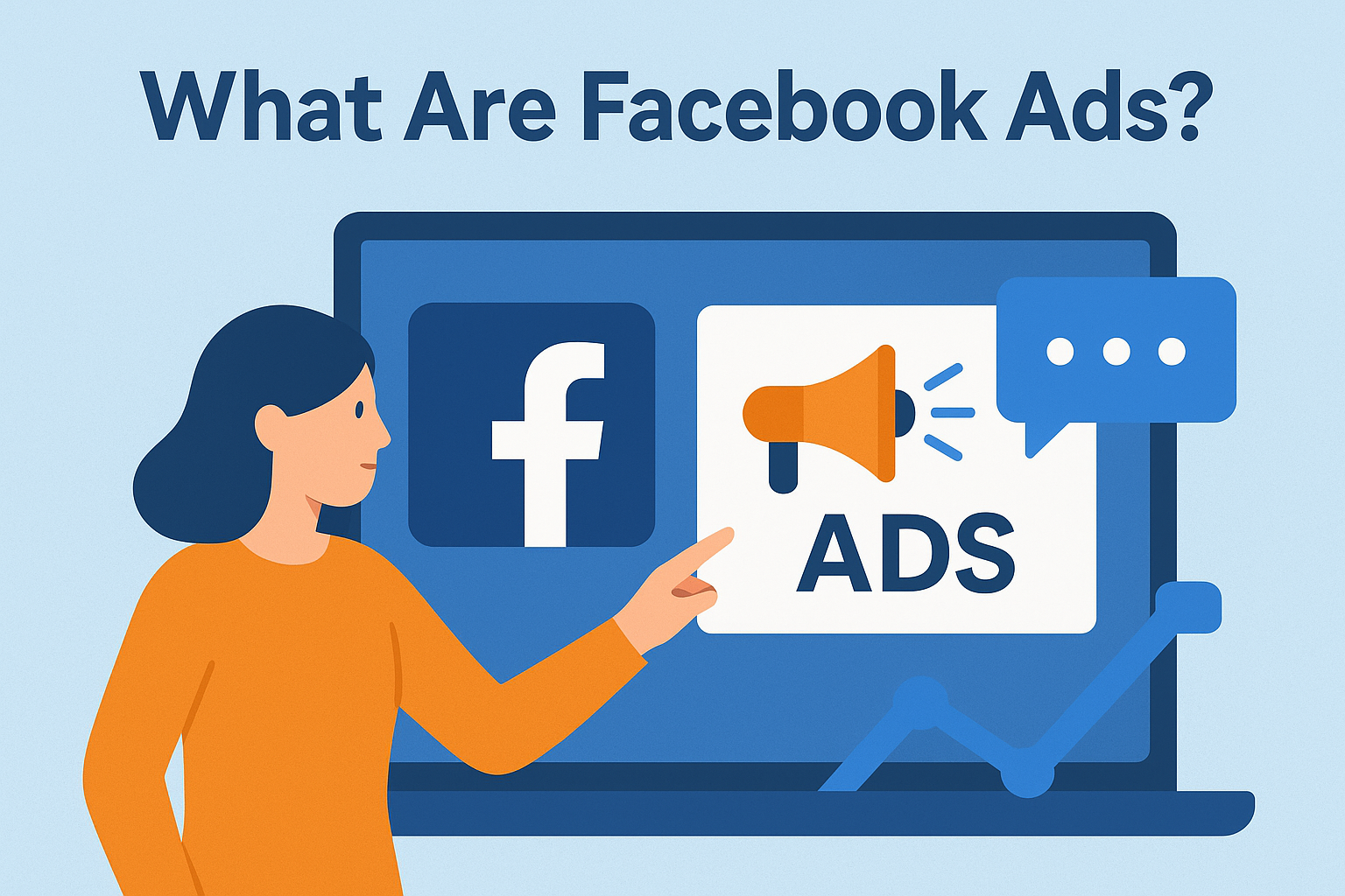 A flat-style illustration showing a woman pointing at a laptop screen with the Facebook logo and an ad icon, symbolizing Facebook Ads. This infographic visually explains the concept of Facebook Ads. It features a woman pointing at a laptop displaying the Facebook logo and an ad megaphone icon. Additional icons like chat bubbles and growth charts represent engagement, communication, and business growth through Facebook advertising. Facebook Ads vs Google Ads: Which is Better