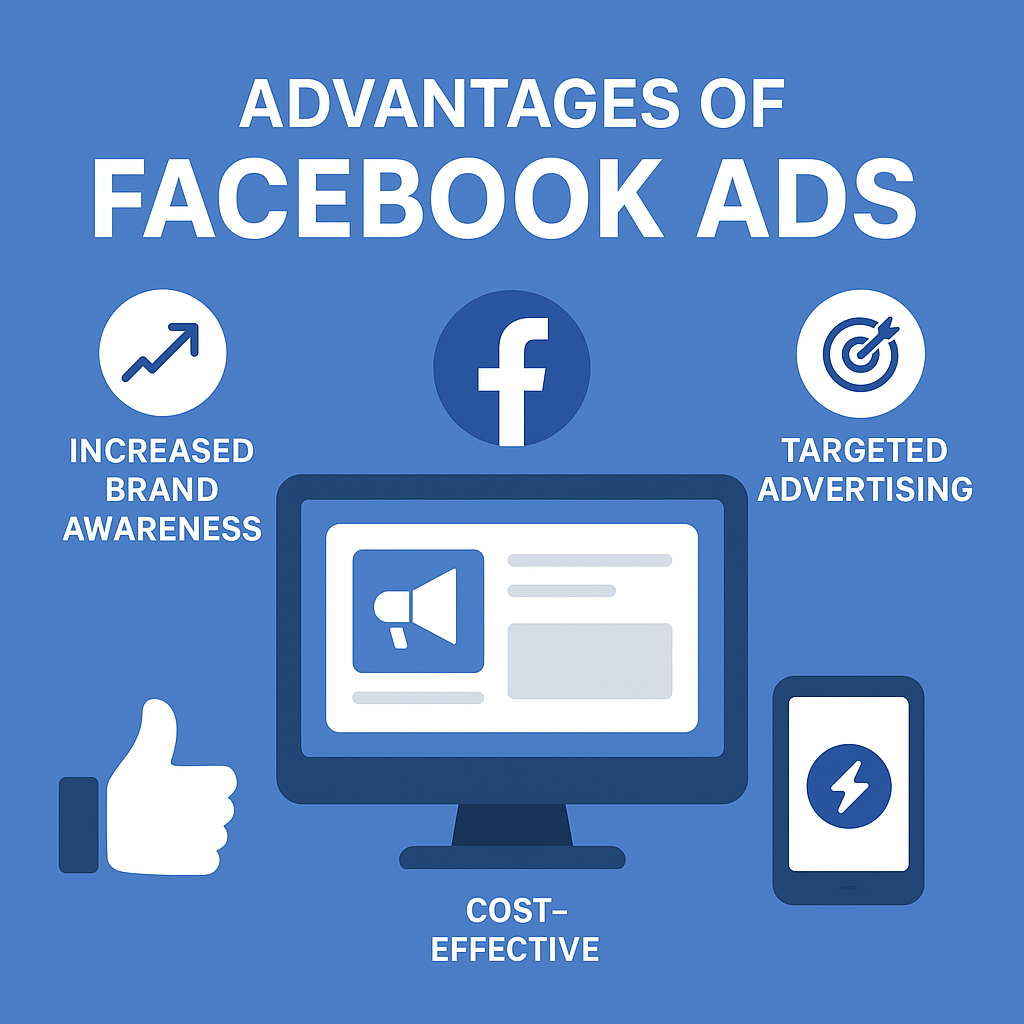 Infographic showing the advantages of Facebook Ads with icons for brand awareness, targeted advertising, and cost-effectiveness. Facebook Ads vs Google Ads: Which is Better