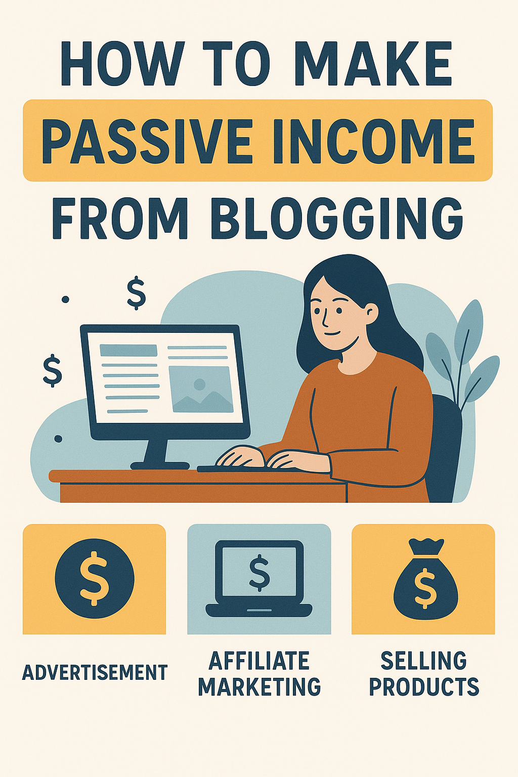 Illustration showing “How to Make Passive Income from Blogging” with a woman working on a laptop, surrounded by icons representing advertisements, affiliate marketing, and selling products. How to Make Passive Income from Blogging