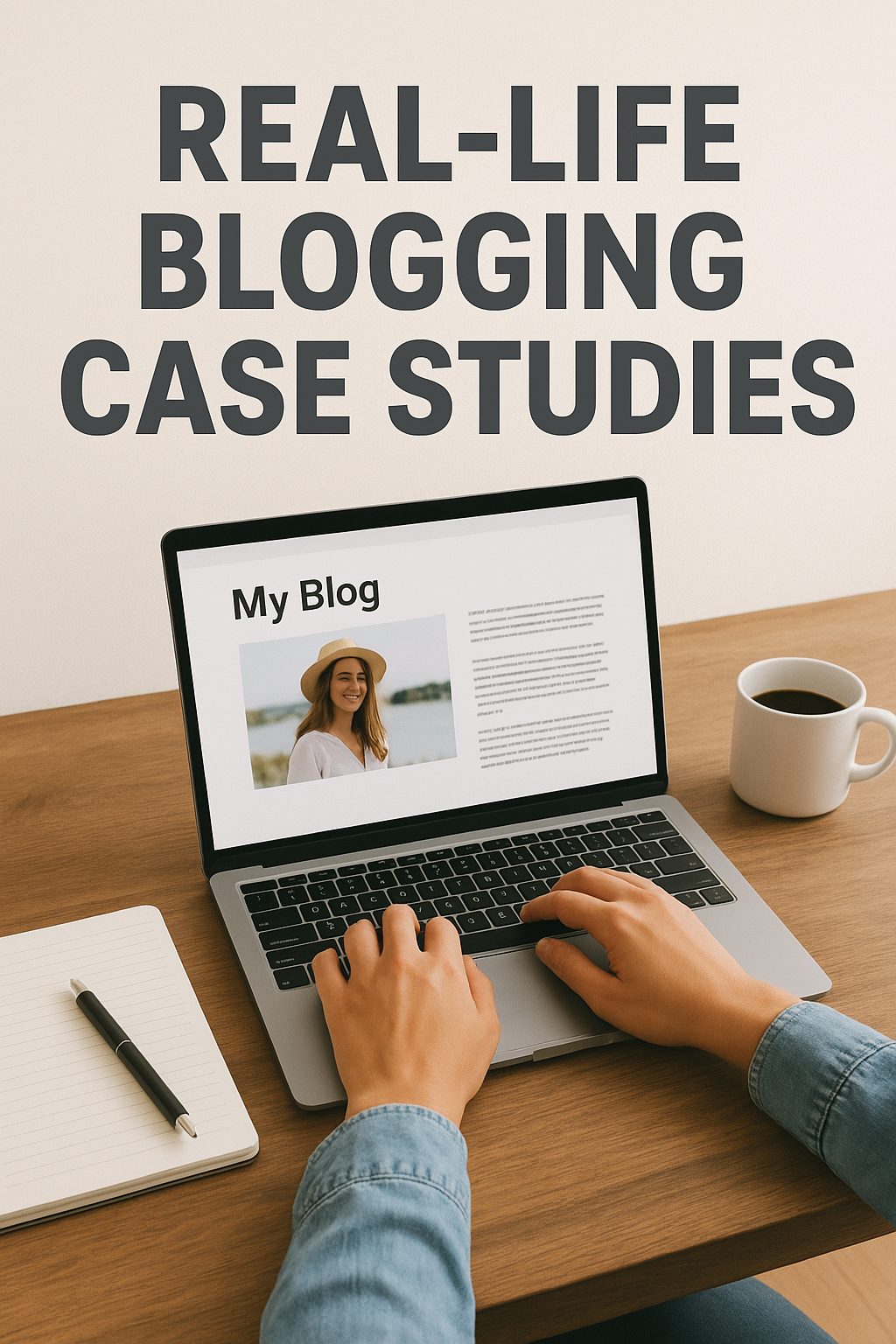 A person typing on a laptop with a blog page open, surrounded by a notebook, pen, and coffee cup, with bold text above reading "Real-Life Blogging Case Studies." How to Make Passive Income from Blogging