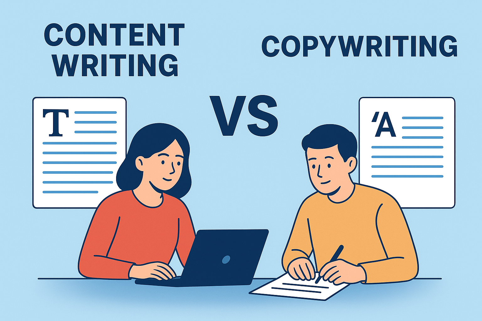 Illustration comparing content writing and copywriting, with a female writer typing on a laptop for content writing and a male writer using a pen and paper for copywriting, separated by a bold "VS" in the center. Content Writing vs Copywriting: Difference Explain