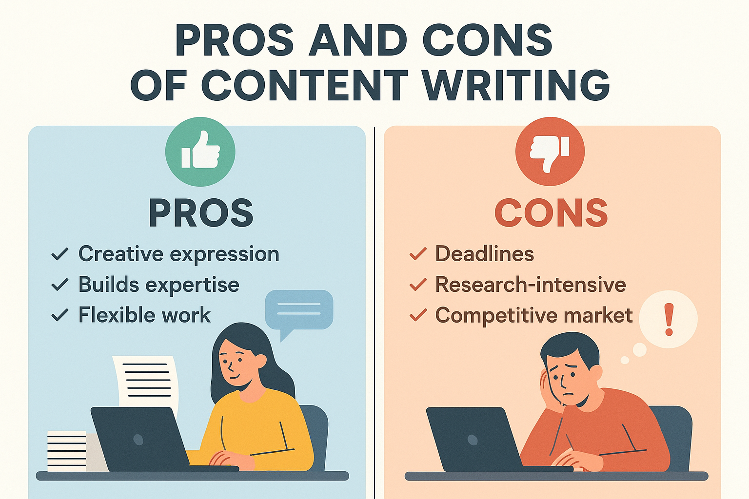 A flat-style infographic showing the pros and cons of content writing, divided into two sections. The left side in blue shows a smiling woman at her laptop under "Pros" with points: creative expression, builds expertise, and flexible work. The right side in orange shows a stressed man at his laptop under "Cons" with points: deadlines, research-intensive, and competitive market. Content Writing vs Copywriting: Difference Explain