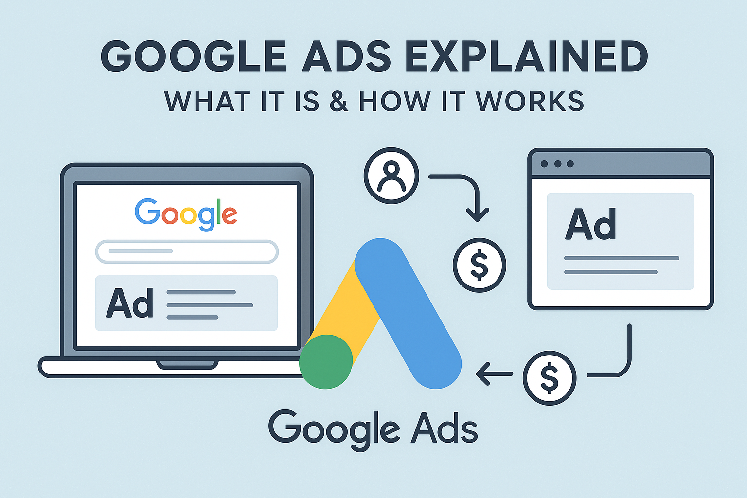 Infographic showing how Google Ads works, with a laptop displaying a Google search ad, the Google Ads logo, and arrows pointing to users, money, and web ads. Google Ads Explained – What It Is & How It Works