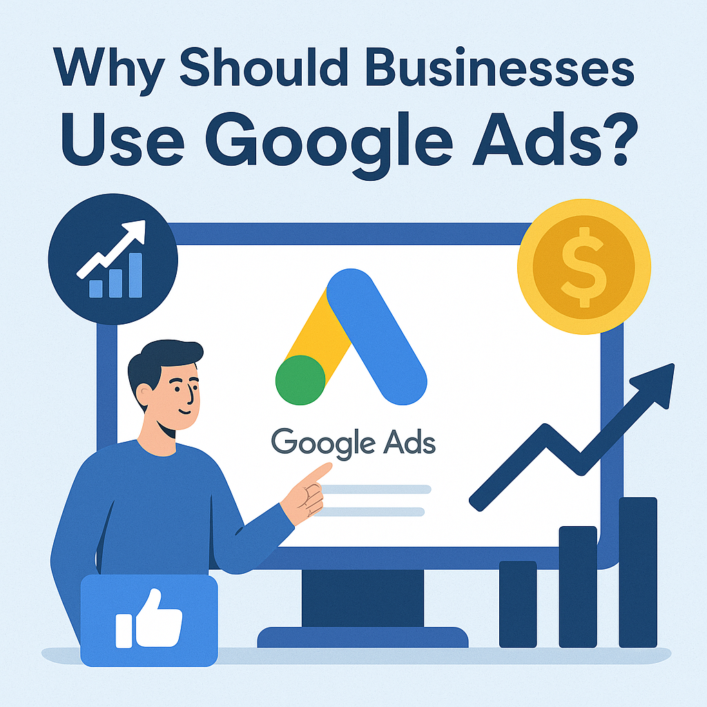 A digital infographic showing a person pointing at a computer screen with the Google Ads logo, surrounded by icons of growth charts, coins, and a thumbs-up symbol, with the text “Why Should Businesses Use Google Ads?” at the top. Google Ads Explained – What It Is & How It Works