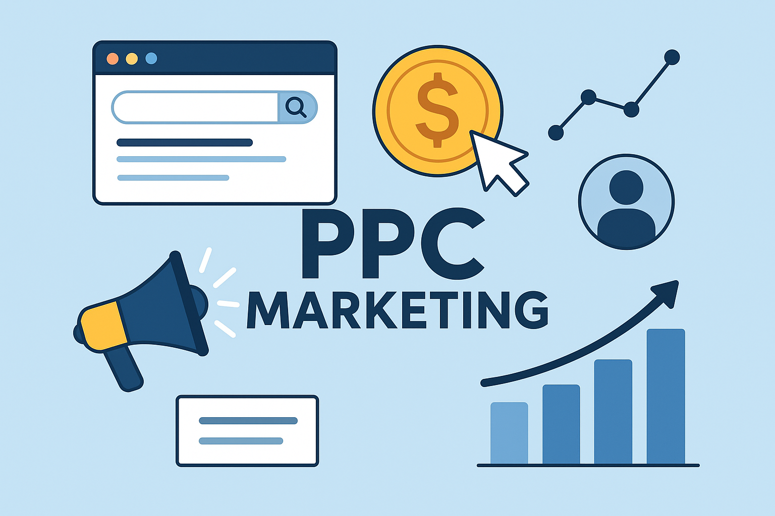 Illustration showing PPC Marketing concept with icons of a search bar, coin with dollar sign, megaphone, user profile, bar graph, and upward growth chart. PPC Marketing Se Leads Kaise Generate Kare
