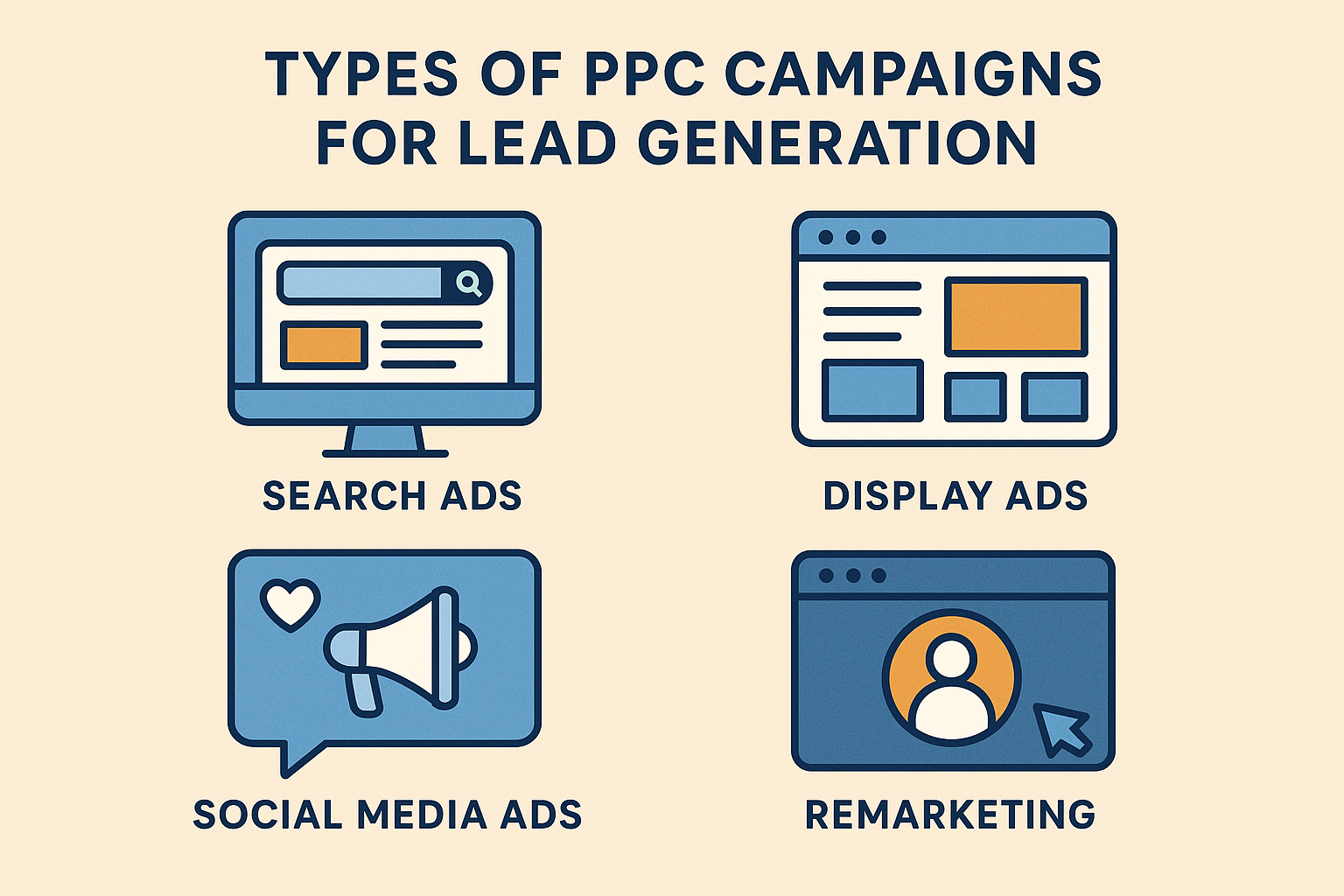 Infographic showing four types of PPC campaigns for lead generation: Search Ads, Display Ads, Social Media Ads, and Remarketing, each represented with simple icons in a grid layout. PPC Marketing Se Leads Kaise Generate Kare