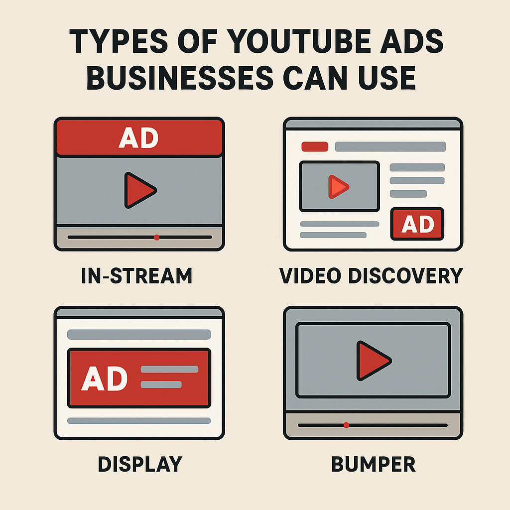 Infographic showing four main types of YouTube ads businesses can use: In-Stream, Video Discovery, Display, and Bumper ads, each illustrated with simple red and gray icons. YouTube Ads for Business Growth