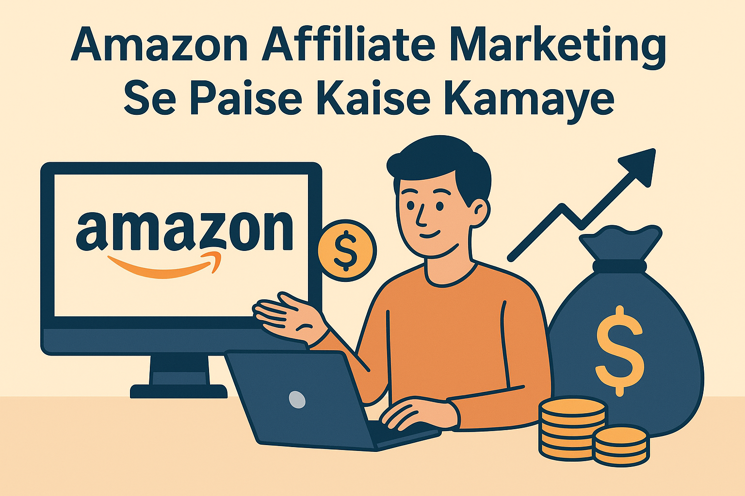 A flat-style digital illustration showing a young man using a laptop with the Amazon logo on a monitor. Around him are money symbols, coins, a bag with a dollar sign, and an upward arrow, representing earnings through Amazon Affiliate Marketing. Amazon Affiliate Marketing Se Paise Kaise Kamaye