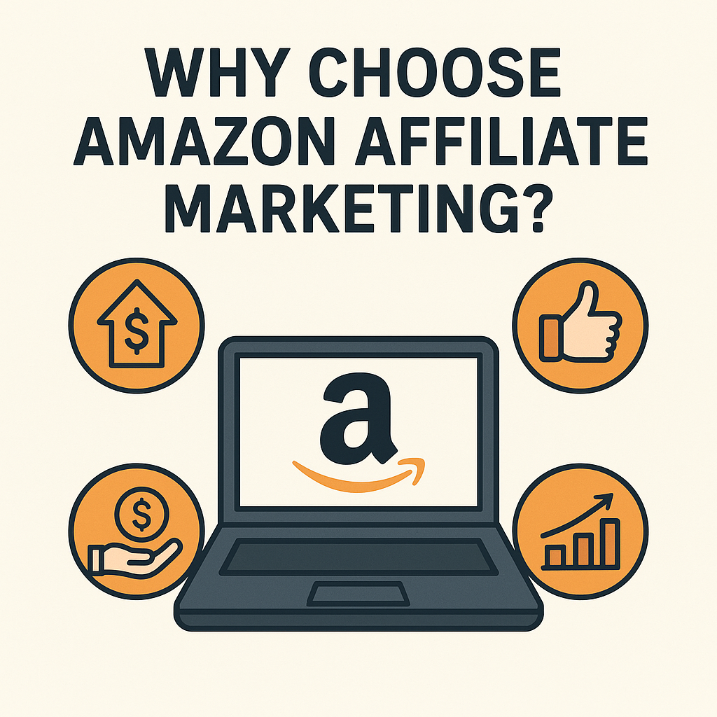 A laptop with the Amazon logo in the center, surrounded by icons representing growth, money, thumbs up, and success, with the title "Why Choose Amazon Affiliate Marketing?" above. Amazon Affiliate Marketing Se Paise Kaise Kamaye