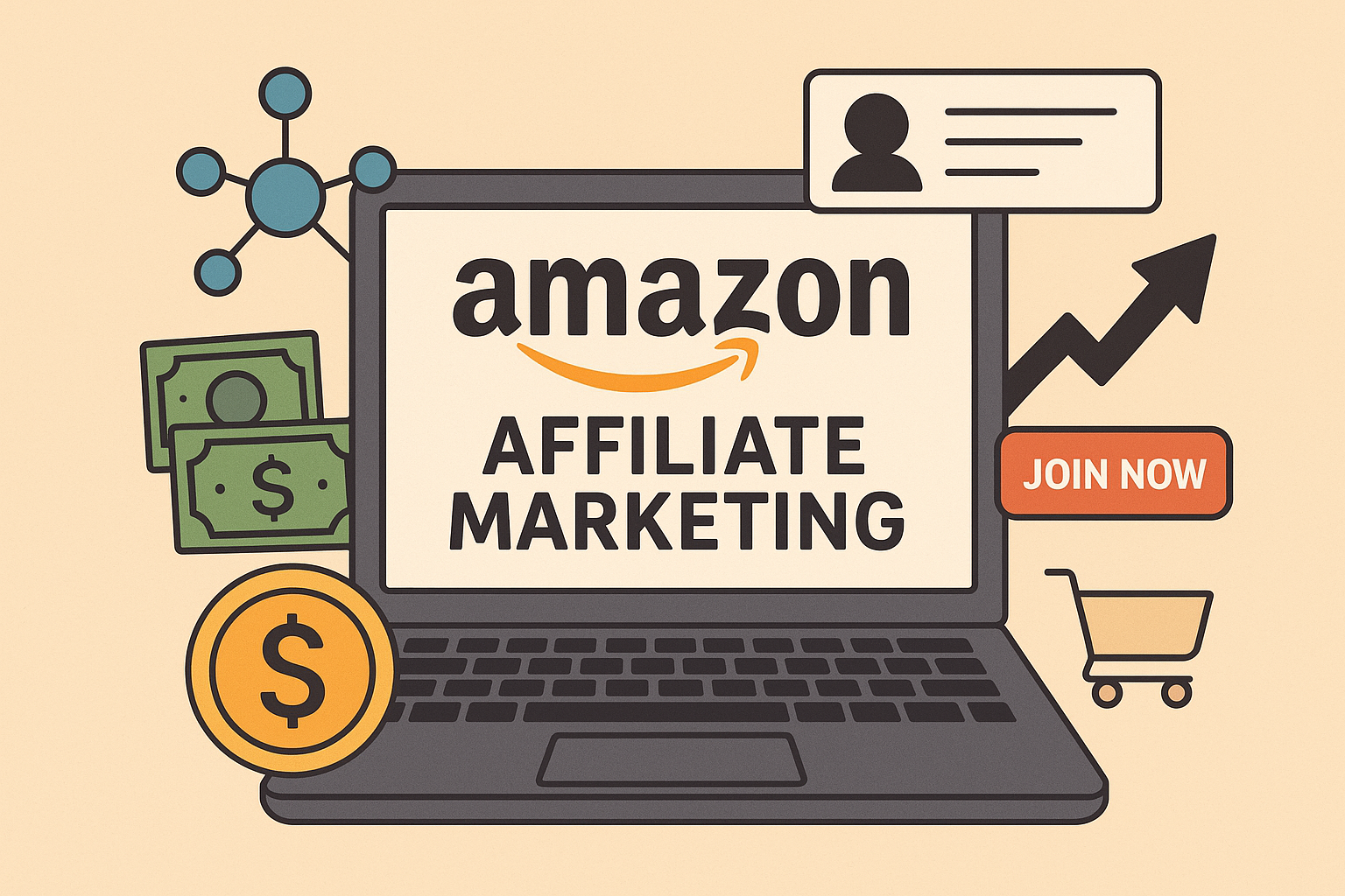 Flat illustration of Amazon Affiliate Marketing concept with a laptop screen showing the Amazon logo and text "Affiliate Marketing," surrounded by money icons, a shopping cart, network symbols, and a "Join Now" button. Amazon Affiliate Marketing Se Paise Kaise Kamaye