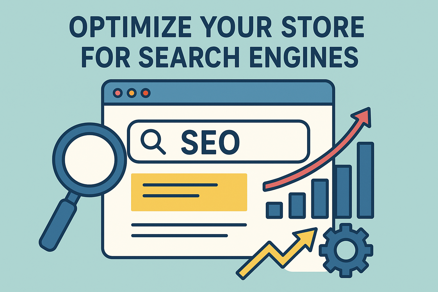 Flat-style illustration showing “Optimize Your Store for Search Engines” with a magnifying glass, SEO search bar, rising graph, and gear icons. E-Commerce Store Ko Grow Ke Liye Best Marketing