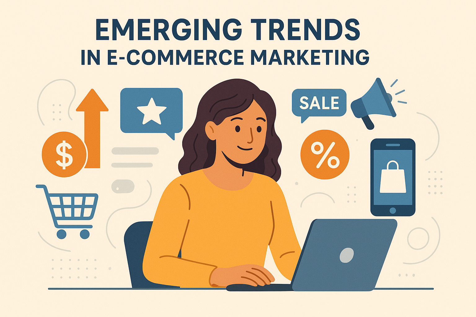 A flat-style digital illustration showing a young woman working on a laptop, surrounded by icons like a shopping cart, smartphone, megaphone, sale tag, percentage symbol, and dollar sign, with the heading “Emerging Trends in E-Commerce Marketing.” E-Commerce Store Ko Grow Ke Liye Best Marketing
