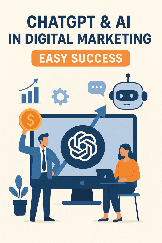 Flat-style digital illustration showing ChatGPT and AI in digital marketing. A man in a suit holds a coin, a woman works on a laptop, and a computer screen displays the ChatGPT logo with growth icons and a chatbot figure, symbolizing easy success. ChatGPT & AI in Digital Marketing: Easy Success