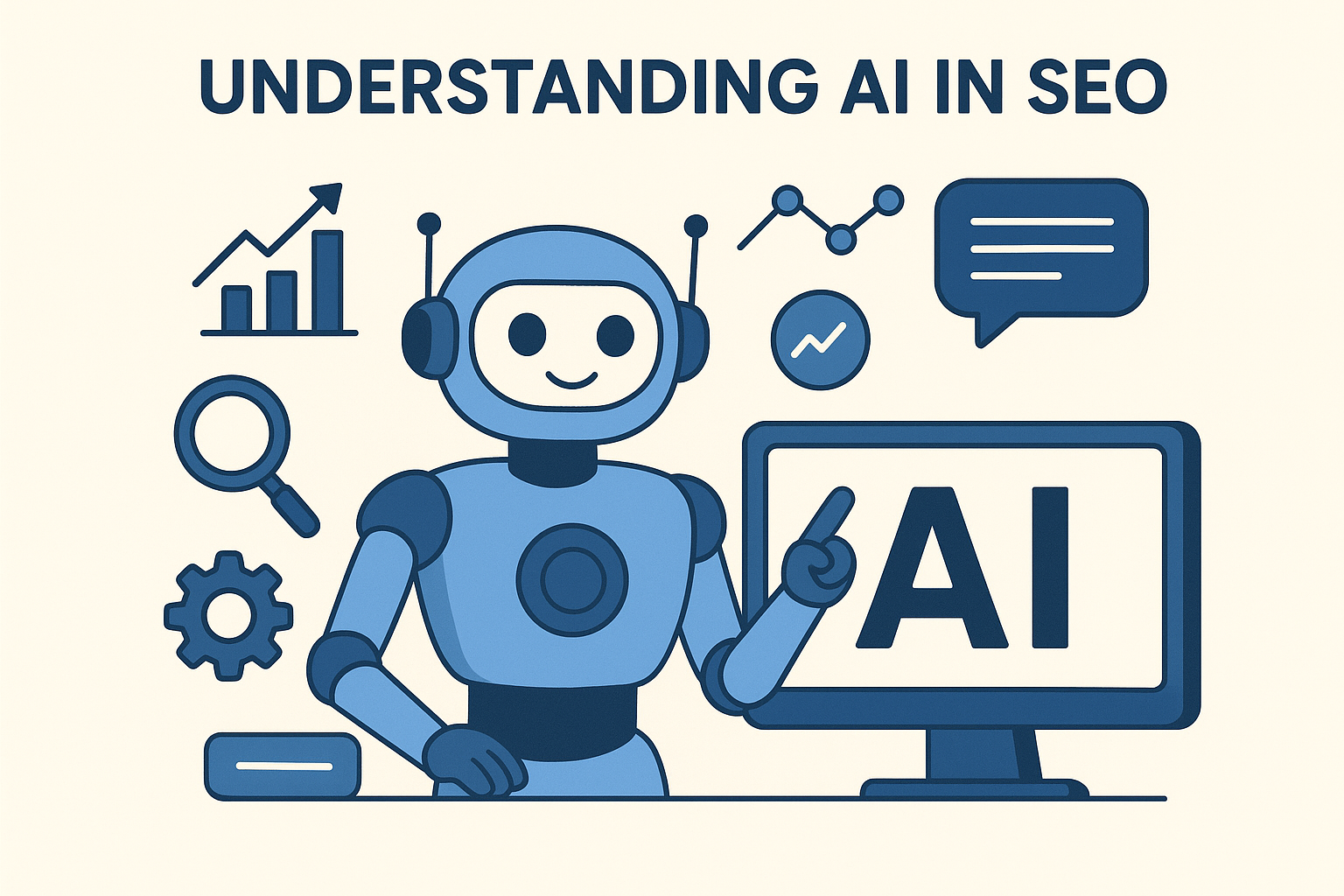 Friendly robot pointing at a computer screen displaying “AI,” surrounded by SEO icons like magnifying glass, gear, graph, and chat bubble, with the title “Understanding AI in SEO.” AI in SEO: Future of Search Optimization