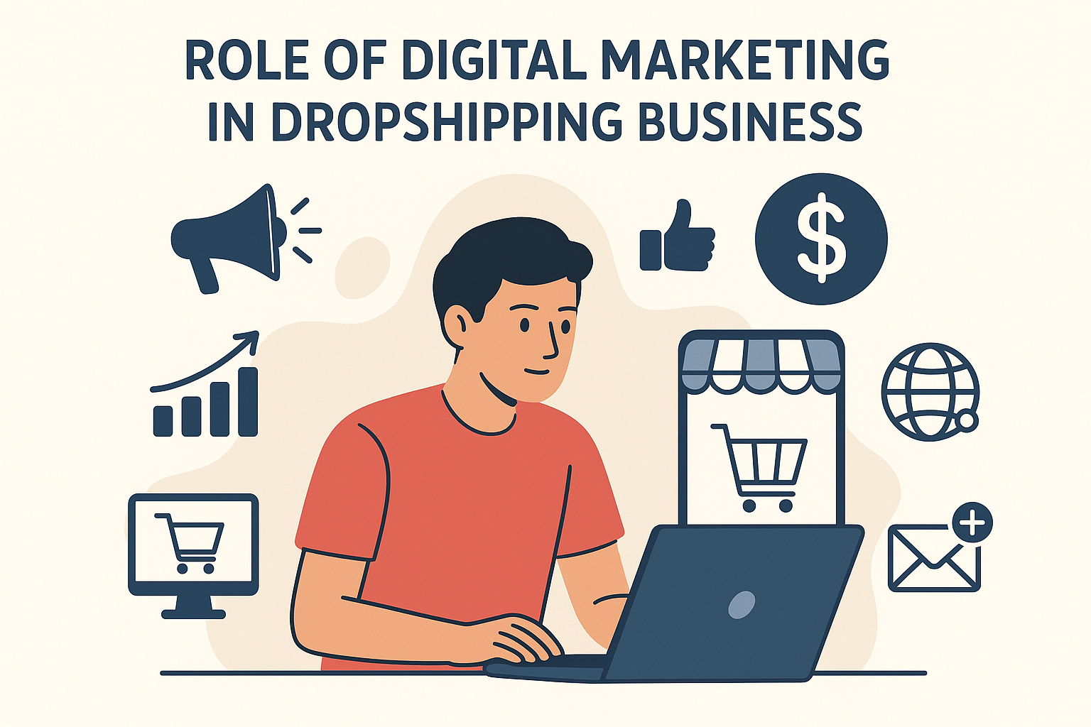 A flat-style digital illustration showing a young man in a red shirt working on a laptop, surrounded by icons of a megaphone, shopping cart, dollar sign, email, globe, and growth chart. The heading reads “Role of Digital Marketing in Dropshipping Business.” Role of Digital Marketing in Dropshipping Business