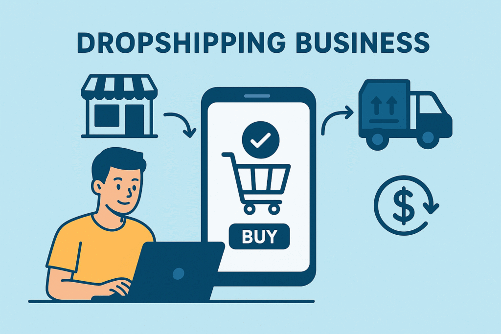 Illustration of a dropshipping business process showing a person on a laptop, a smartphone with a shopping cart and "BUY" button, a storefront, a delivery truck, and a dollar sign symbolizing profit flow. Role of Digital Marketing in Dropshipping Business