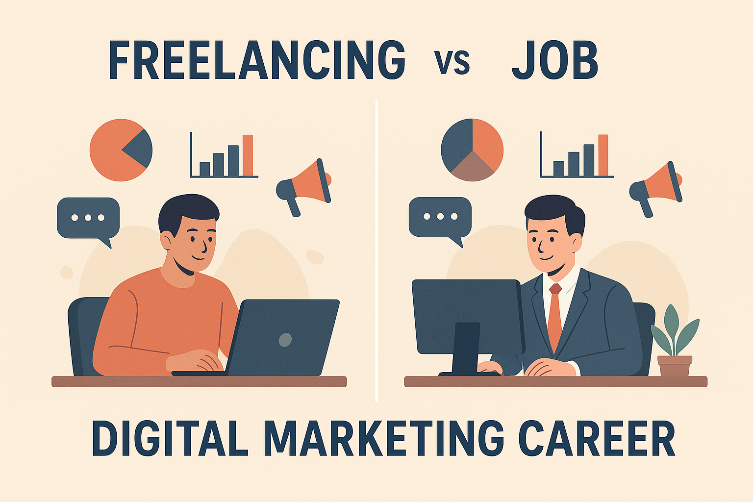 A flat-style digital illustration comparing freelancing vs job in a digital marketing career. The left side shows a freelancer in casual clothes working on a laptop, while the right side shows an employee in formal attire working on a desktop computer. Charts, graphs, and digital marketing icons float above both sides. Freelancing vs Job in Digital Marketing Career