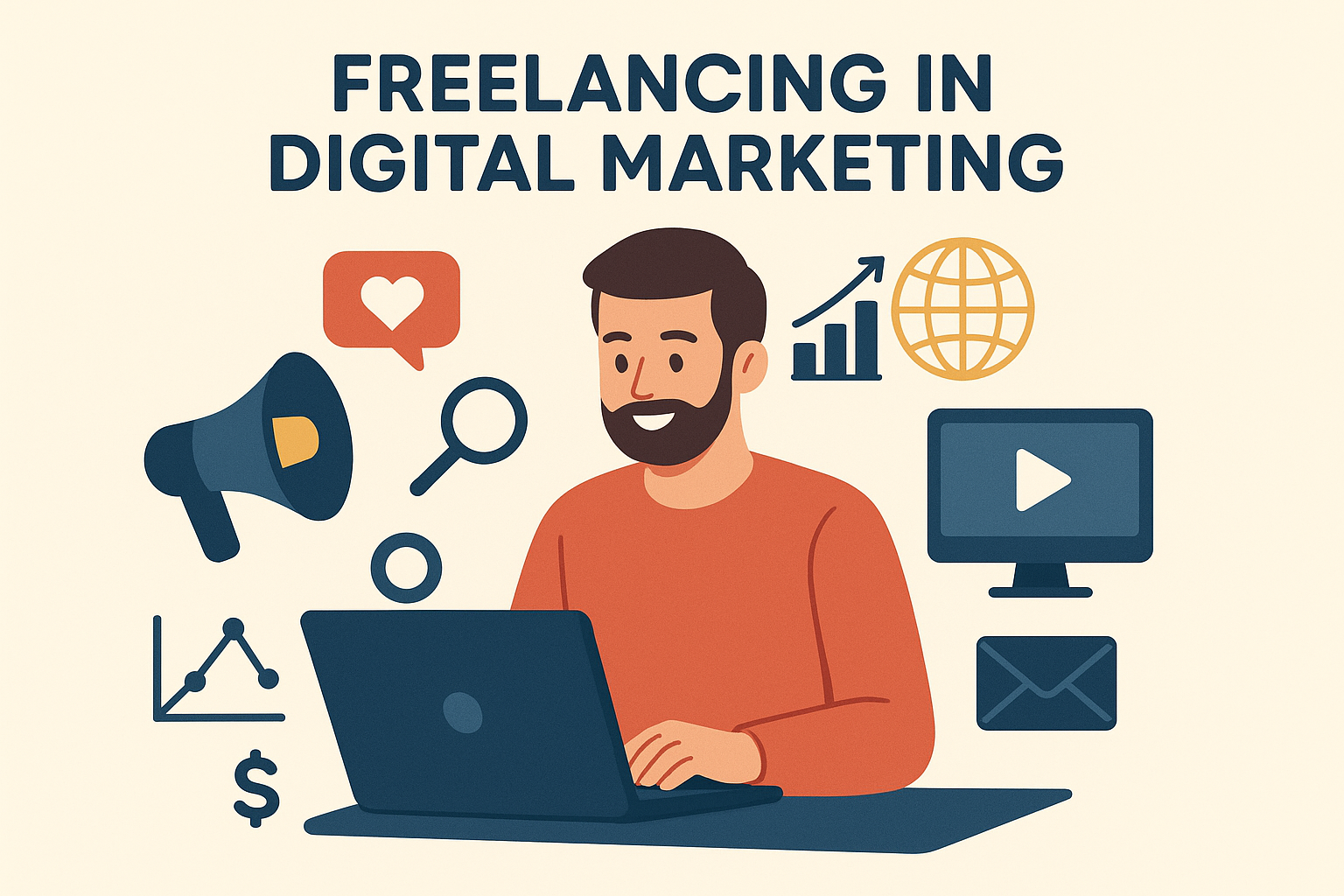 A freelancer working on a laptop surrounded by digital marketing icons like a megaphone, analytics graph, search, email, video, and globe, symbolizing freelancing in digital marketing. Freelancing vs Job in Digital Marketing Career