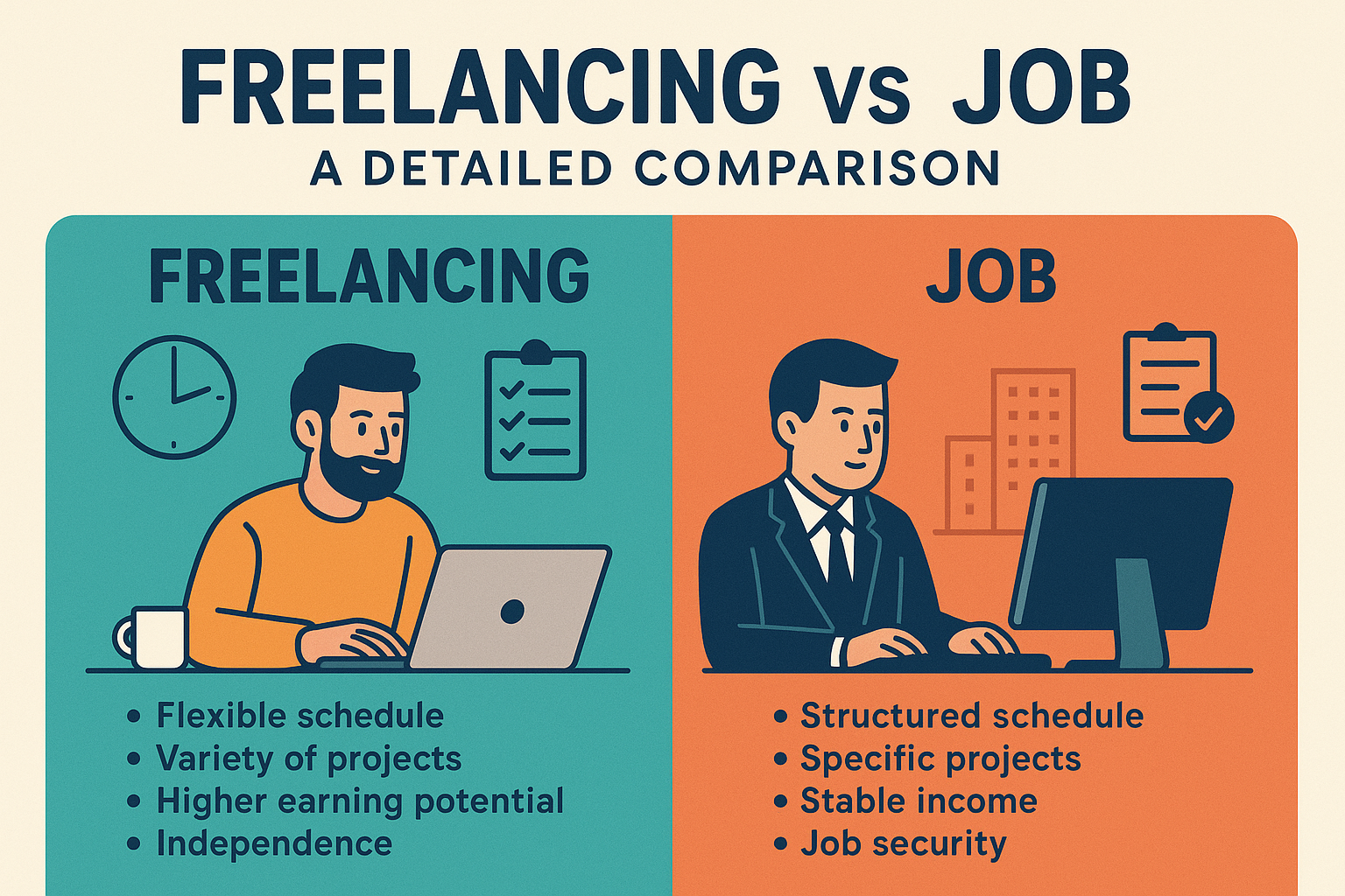 Infographic comparing freelancing and jobs. The left side shows a freelancer with a laptop and coffee, highlighting flexible schedule, variety of projects, higher earning potential, and independence. The right side shows an office employee at a desktop, emphasizing structured schedule, specific projects, stable income, and job security. Freelancing vs Job in Digital Marketing Career