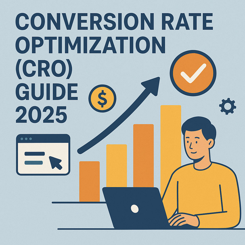 Flat-style illustration showing “Conversion Rate Optimization (CRO) Guide 2025” with a man working on a laptop, growth bar chart, upward arrow, dollar sign, and checkmark icons. Conversion Rate Optimization (CRO) Guide 2025
