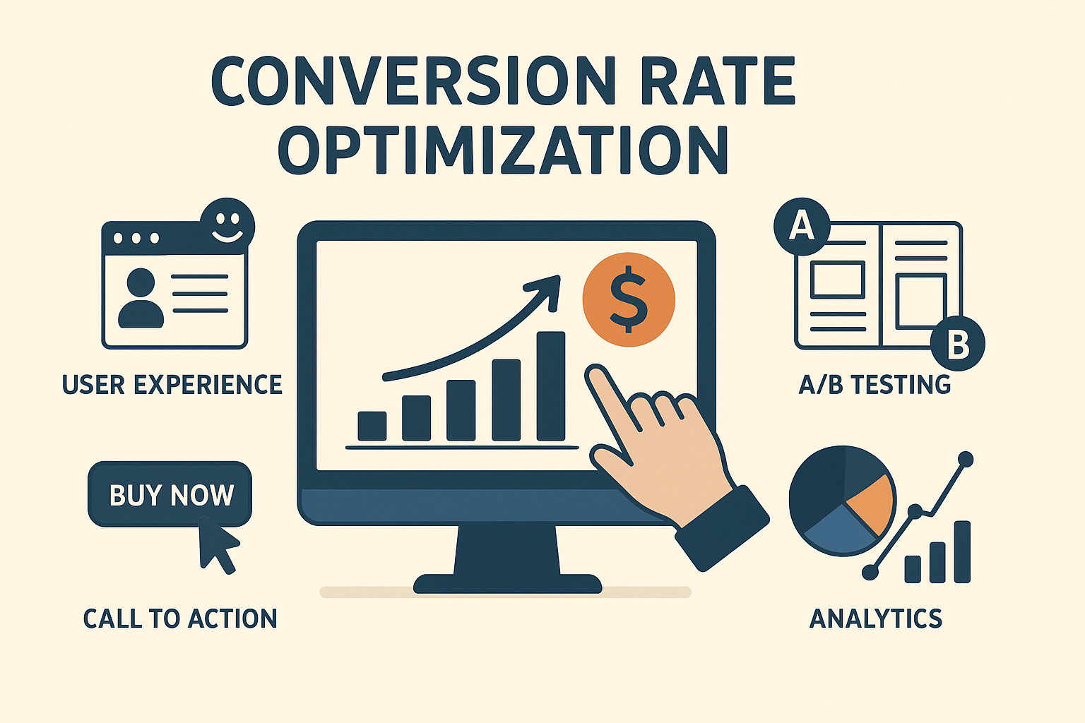 Infographic on Conversion Rate Optimization showing key elements like user experience, A/B testing, call-to-action, and analytics around a central computer screen with a rising graph. A flat-style digital illustration where a woman is working on a laptop beside a large coin, while a man points to an upward arrow rising from a computer screen with a "BUY" button. Additional elements like bar charts and a pie chart highlight the concept of business growth and improved conversion through CRO. Conversion Rate Optimization (CRO) Guide 2025