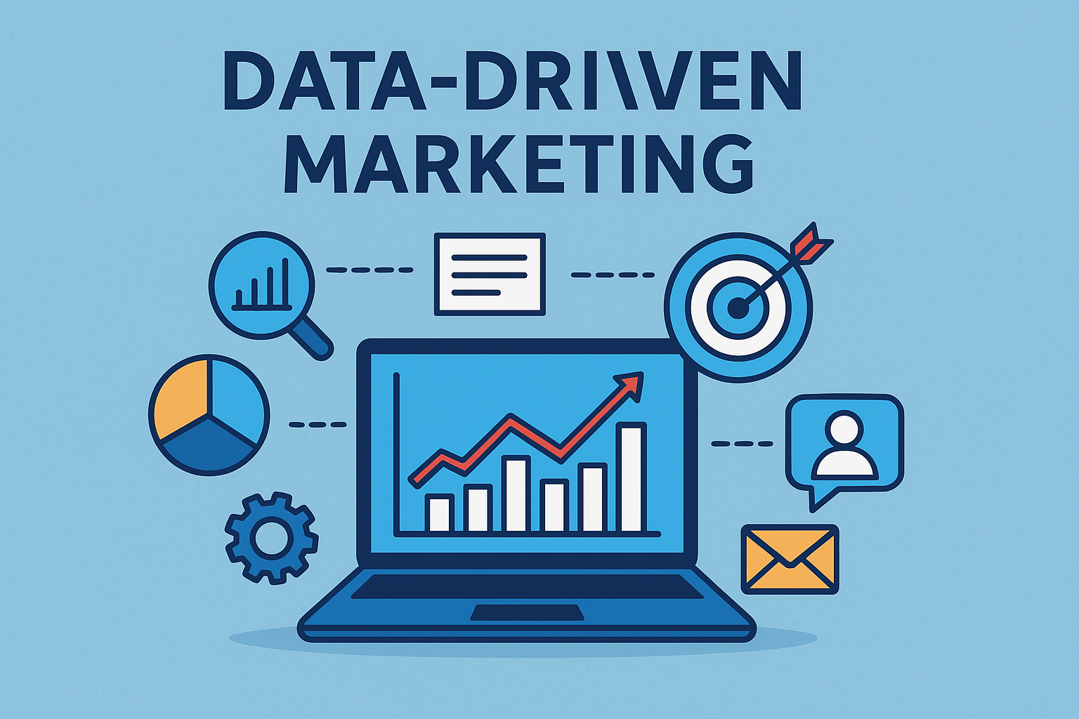 Flat design infographic showing data-driven marketing concept with laptop displaying a rising bar chart, surrounded by icons like pie chart, magnifying glass, target, email, gear, and user profile. Data-Driven Marketing: What It is How It Helpful