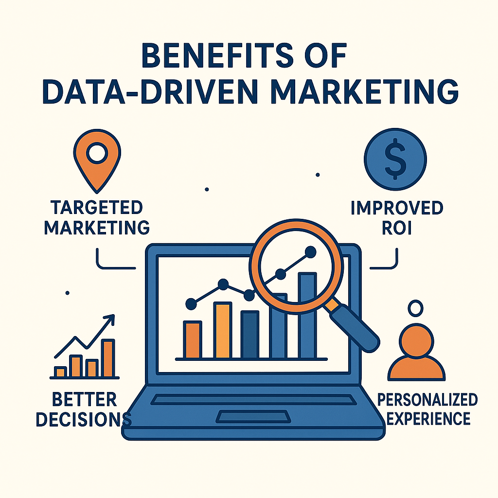 Infographic showing the benefits of data-driven marketing with icons representing targeted marketing, improved ROI, better decisions, and personalized experience around a laptop displaying bar graphs and a magnifying glass. Data-Driven Marketing: What It is How It Helpful