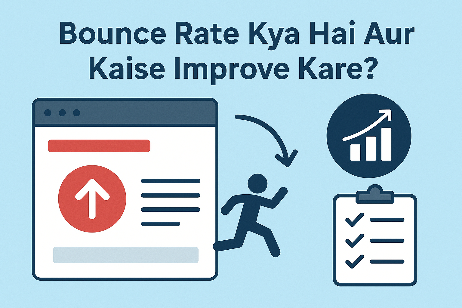 Bounce Rate Kya Hai Aur Kaise Improve Kare infographic showing a person leaving a webpage, growth chart, and checklist. Bounce Rate Kya Hai Aur Kaise Improve Kare?