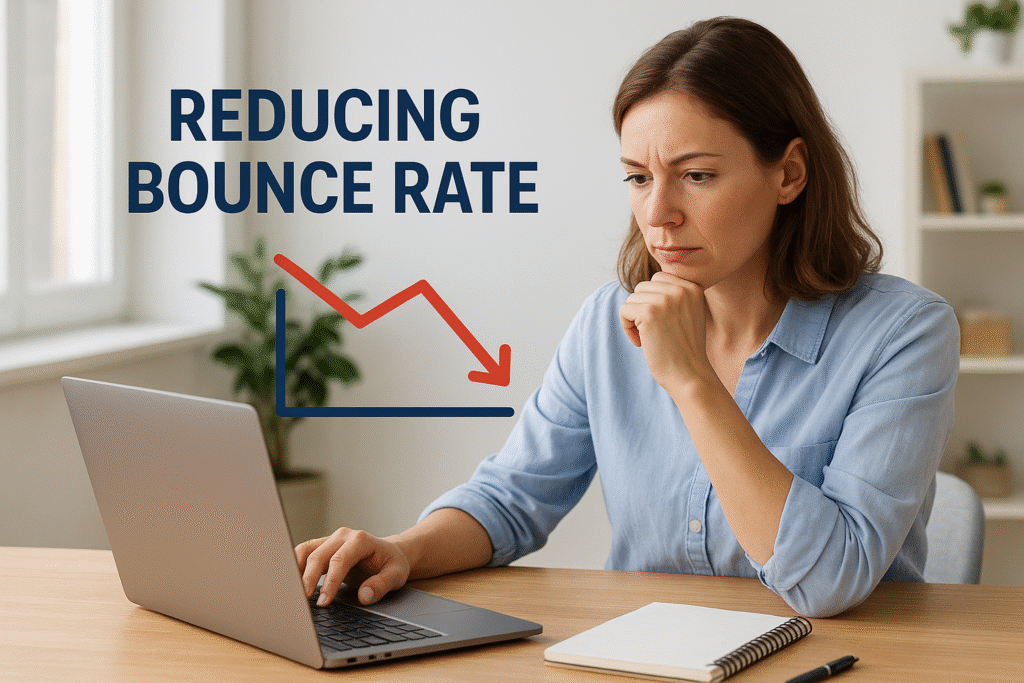 A woman in a light blue shirt working on a laptop with a graph showing a downward trend, symbolizing reduced bounce rate. Bounce Rate Kya Hai Aur Kaise Improve Kare?