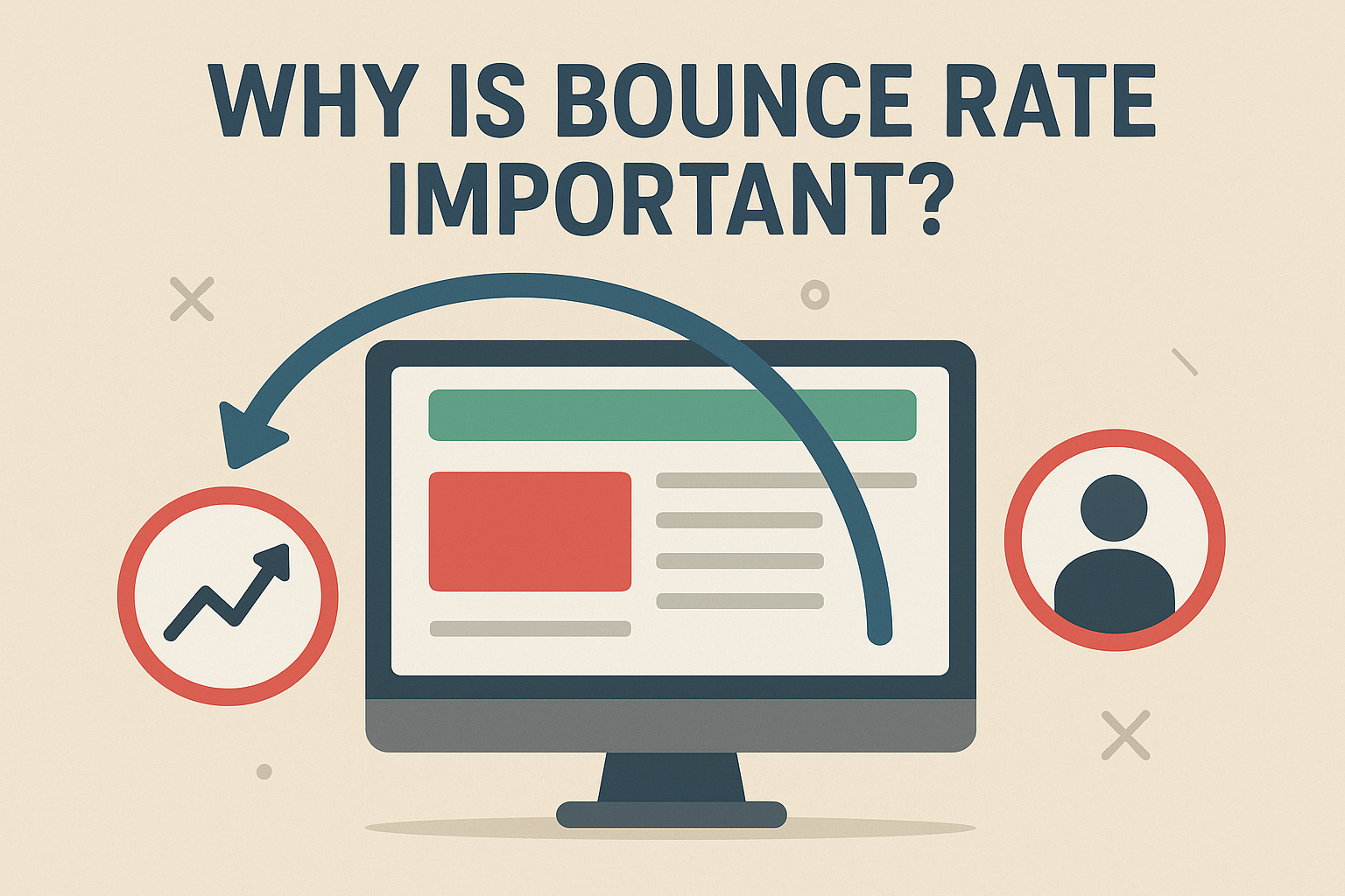 Flat design infographic with a computer monitor showing a webpage layout, surrounded by icons representing website visitors and analytics, titled "Why is Bounce Rate Important?" Bounce Rate Kya Hai Aur Kaise Improve Kare?