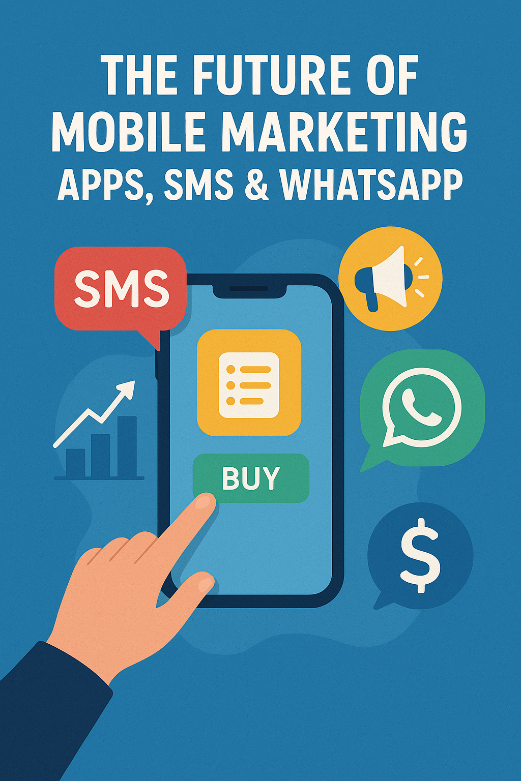 Illustration representing the future of mobile marketing. A hand is tapping a "BUY" button on a smartphone screen. Surrounding the phone are icons for SMS, WhatsApp, a megaphone, a dollar sign, and a rising graph, symbolizing marketing, communication, and sales growth. Text at the top reads: "THE FUTURE OF MOBILE MARKETING APPS, SMS & WHATSAPP." Future of Mobile Marketing Apps