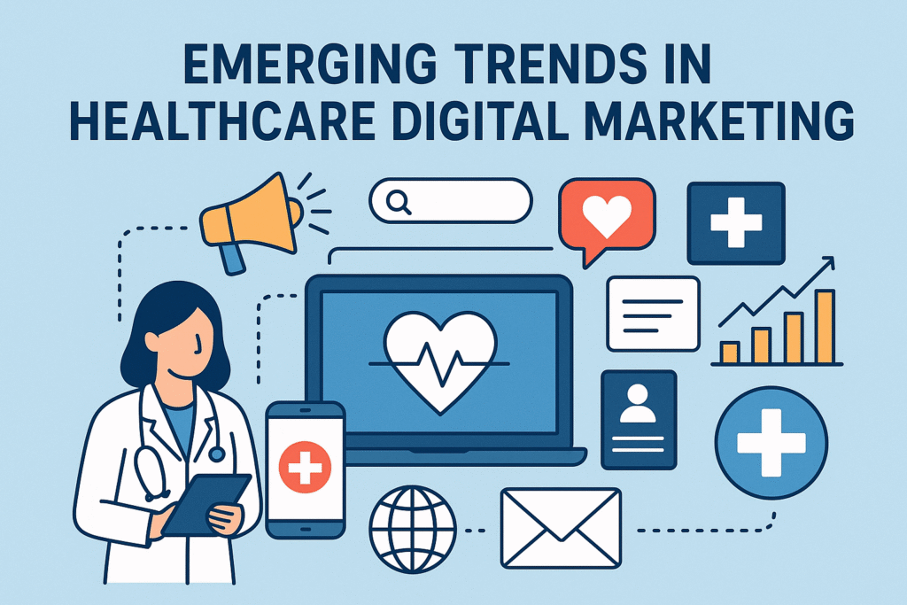 emerging trends in helthcare digital marketing with doctor illustration, laptop smartphone digital icon