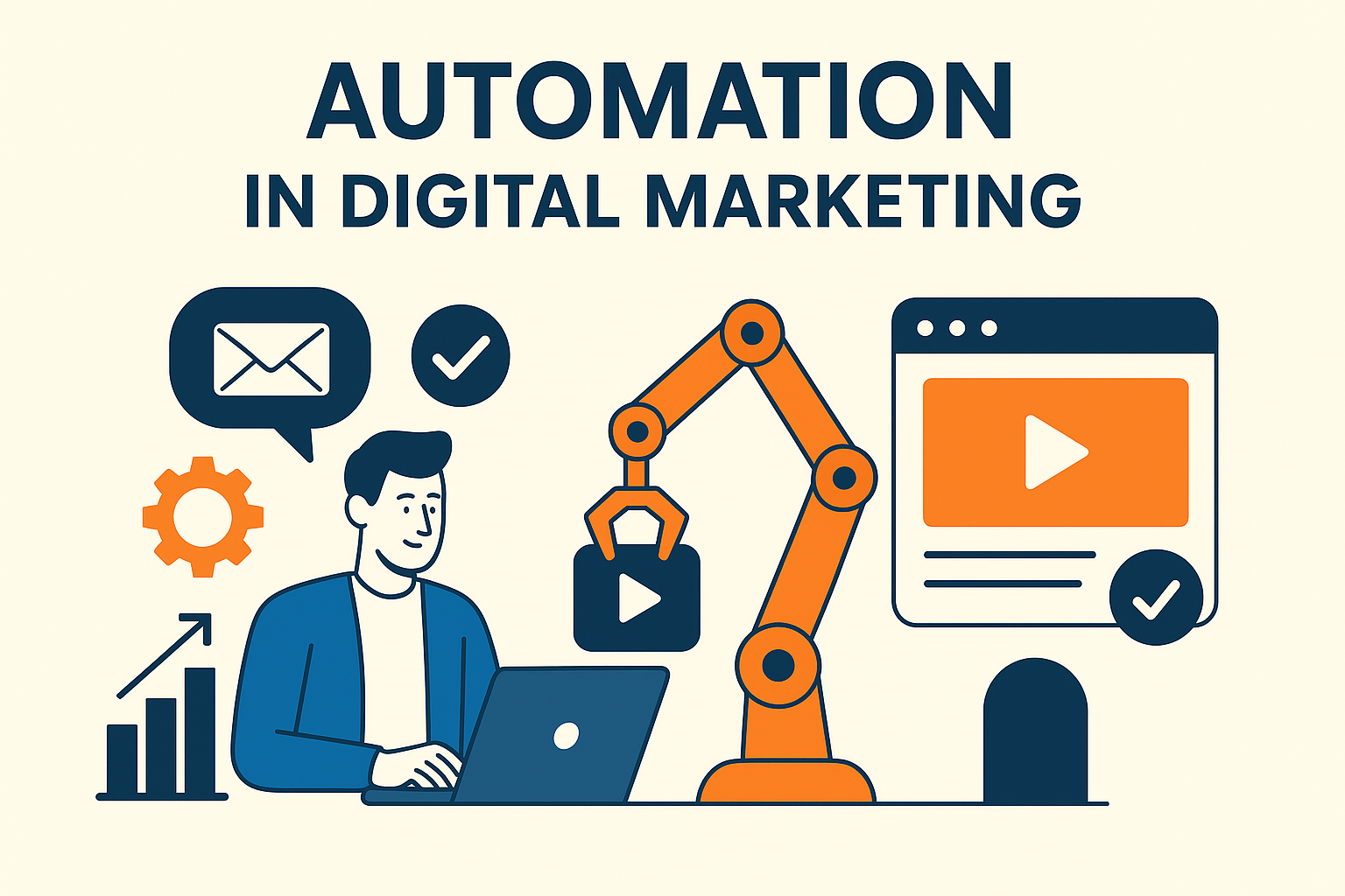Automation in digital marketing illustration with a marketer on laptop, robotic arm handling video content, email icon, gear symbol, and growth chart.