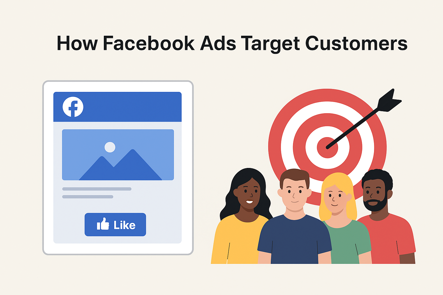 Flat-style infographic showing how Facebook Ads target customers, with a Facebook ad, target board, and diverse audience group Facebook Ads Targeting: How to Get Customers Easily