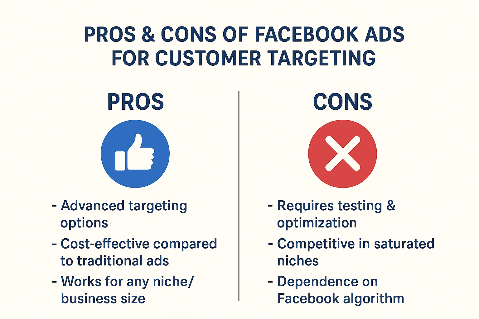 Infographic showing pros and cons of Facebook Ads for customer targeting, with pros on the left and cons on the right.Facebook Ads Targeting: How to Get Customers Easily.