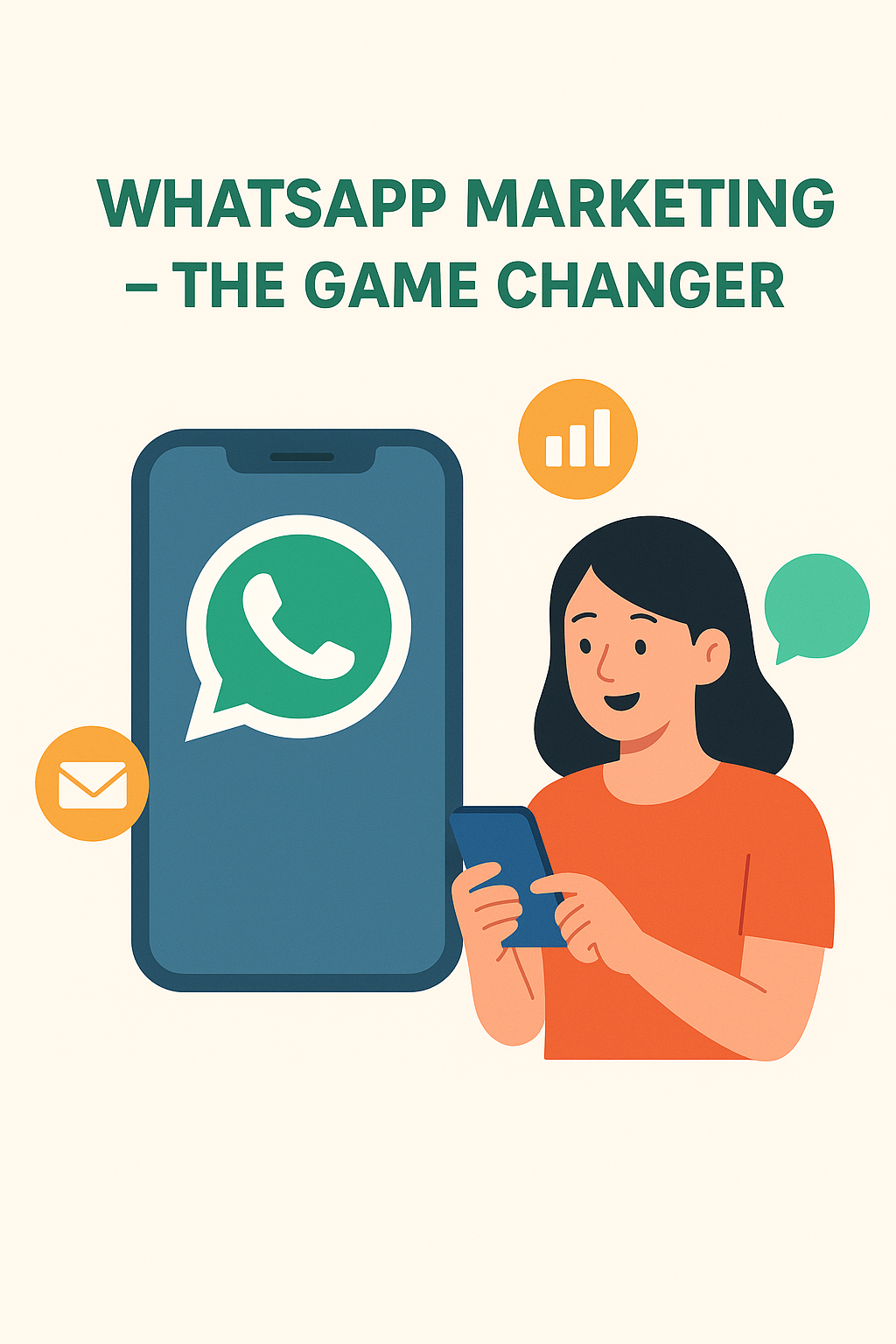 "Flat style digital illustration showing WhatsApp Marketing as a game changer, with a large smartphone displaying the WhatsApp logo and a woman using her phone, surrounded by marketing icons like chart, email, and chat bubbles."Mobile Marketing Ka Future: Apps, SMS & WhatsApp Marketing