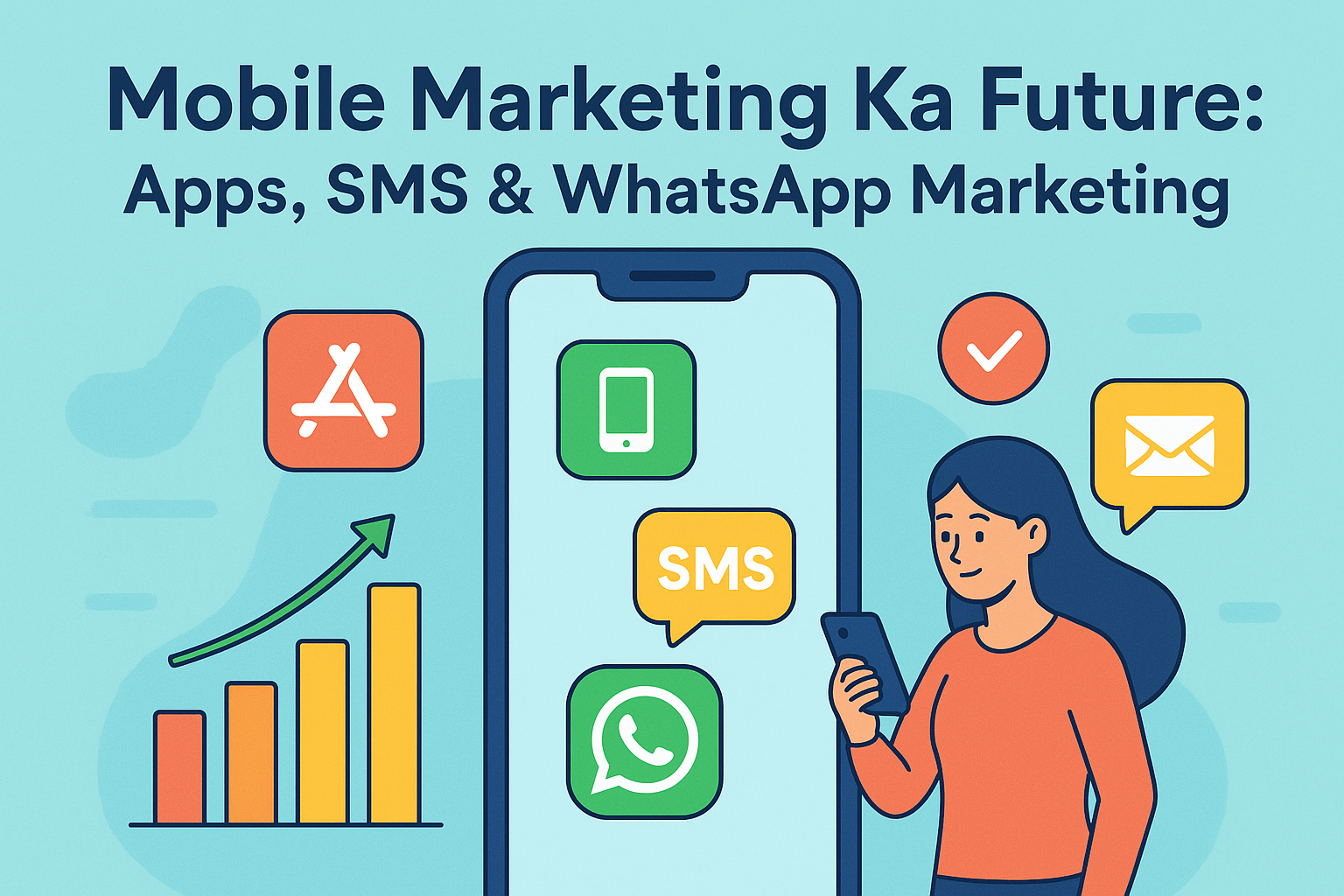 "Flat vector infographic showing Mobile Marketing ka future with apps, SMS and WhatsApp icons on a smartphone, growth chart, and a woman using her mobile."Mobile Marketing Ka Future: Apps, SMS & WhatsApp Marketing