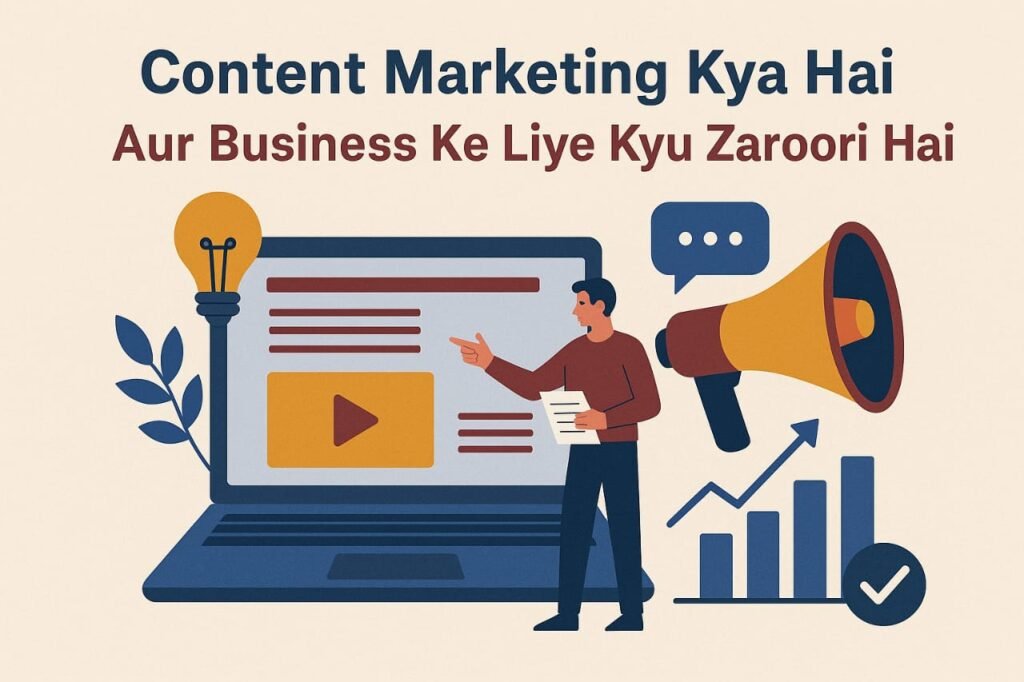 Content marketing concept with laptop, businessman, megaphone, and growth chart showing its importance for business Content Marketing Kya Hai